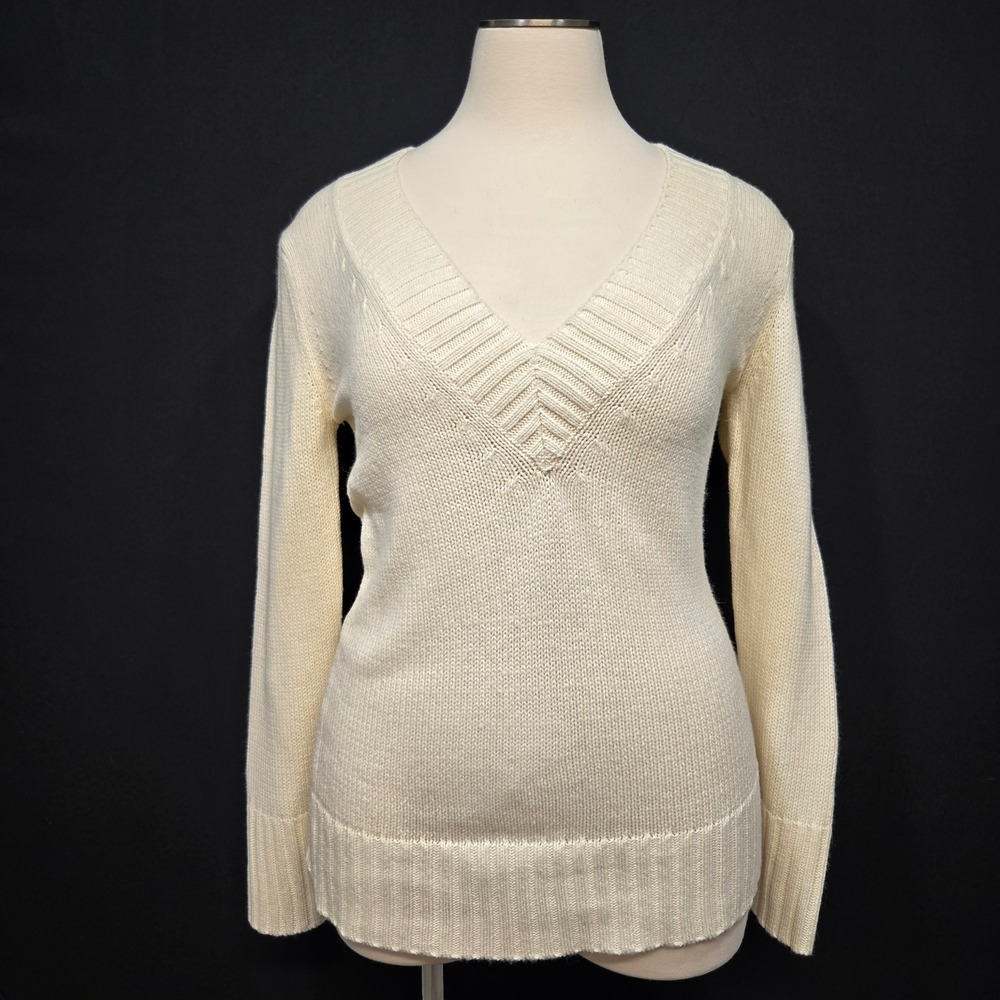 Vintage Y2K Old Navy Sweater Women XL Ivory Deep V Neck Longline Thick Cozy Knit